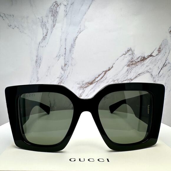 New GUCCI Sunglasses Black Gold Logo Square Oversized 51mm Grey Lens Womens